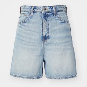 Light-wash denim high-waisted shorts with belt loops and front pockets, rolled hem, no visible distressing