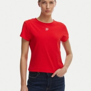 Woman wearing a red short-sleeve T-shirt with a small white logo on the chest, standing against a white background.