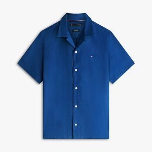 Navy blue short-sleeve button-down shirt with white buttons and a small chest logo.