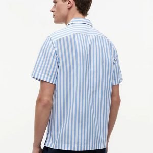 Back view of a man wearing a blue and white vertical striped short-sleeve shirt.