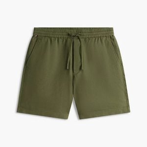 Olive green drawstring shorts with an elastic waistband and side pockets.