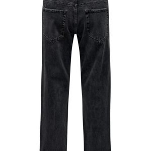 Back view of black denim jeans with two rear pockets and visible stitching on a straight leg fit.