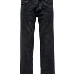 Dark wash denim jeans with a classic five-pocket design and metal button at the waist, straight-leg fit, labeled Only & Sons on the back waistband