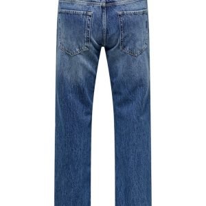 Back view of blue denim jeans, showing two back pockets and a leather brand patch at the waistband.