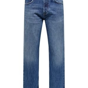 Blue denim jeans with a classic five-pocket design on a white background, medium wash fade.
