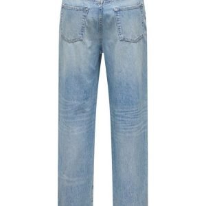 Back view of light-wash denim jeans with two rear pockets and a brown brand patch at the waistband.