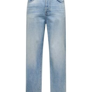 Light wash denim jeans with five pockets, belt loops, and a button-fly closure; straight-leg cut.
