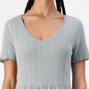 Light blue knit dress with a V-neck, short ruffled sleeves, and a gathered waist.
