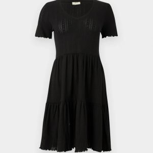 Black short-sleeve knee-length dress with a V-neck and tiered skirt, lightweight knit. Perfect for casual to semi-formal wear.