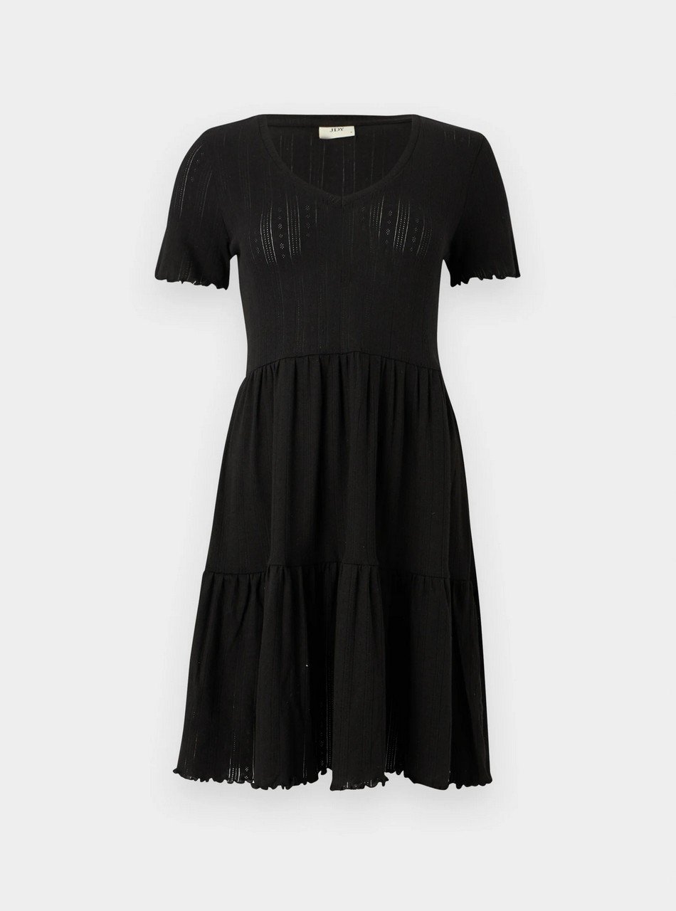 Black short-sleeve knee-length dress with a V-neck and tiered skirt, lightweight knit. Perfect for casual to semi-formal wear.