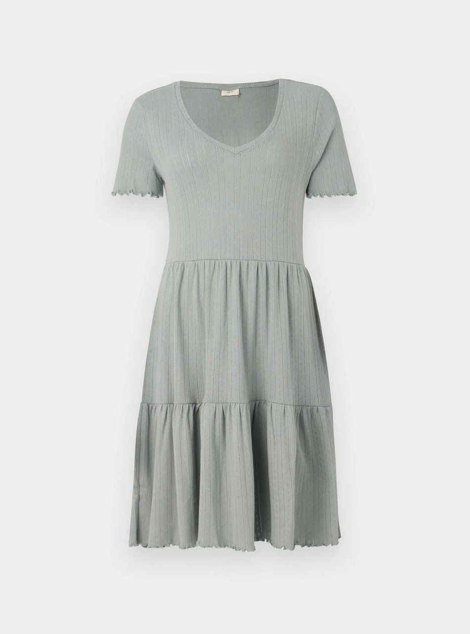 Sage-green knit dress with a V-neck, short sleeves, and a three-tiered gathered skirt