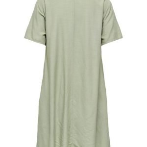Back view of a light sage-green shirt dress reaching below the knee with short sleeves and a collar.