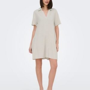 Beige short-sleeve shift dress on a model, knee-length with a V-neck collar and loose fit.