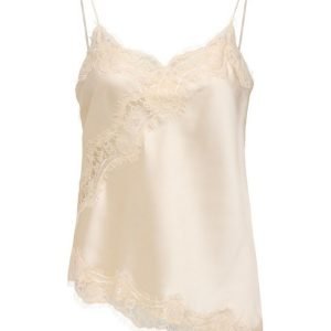Ivory satin camisole with delicate lace trim at neckline and hem, featuring thin adjustable straps.