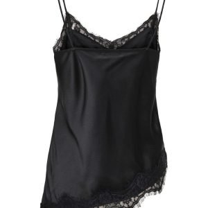 Black satin slip dress with delicate lace trim along the neckline and hem and thin spaghetti straps.