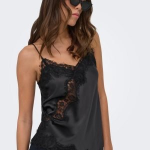 Model wearing a black satin camisole with lace trim and cat-eye sunglasses, looking to the side.