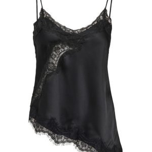 Black satin slip with delicate lace trim along the neckline and hem, featuring thin spaghetti straps.