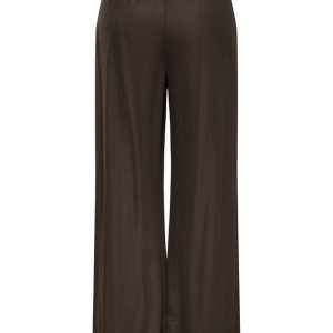 Brown wide-leg pants with an elastic waistband and smooth, flowing fabric (full-length).