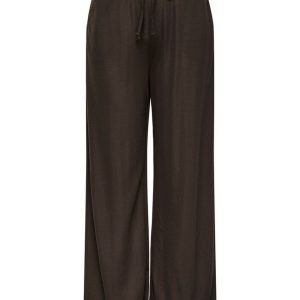 Brown wide-leg pants with a drawstring waist on a plain background, relaxed-fit style.