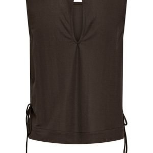 Brown sleeveless blouse with a back keyhole opening and side ties.