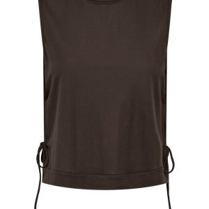 Brown sleeveless blouse with side tie cords and a high round neckline (informative fashion image).