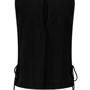 Black sleeveless blouse with a back keyhole and tie details at the sides.