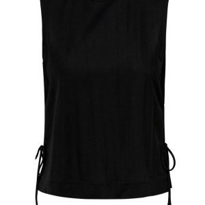 Black sleeveless top with round neckline and adjustable side ties at the hips.