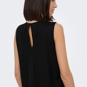 Woman wearing a black sleeveless top with a small keyhole opening at the back, viewed from the side/back
