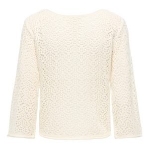 Cream crochet-knit sweater with long sleeves, shown from the back.