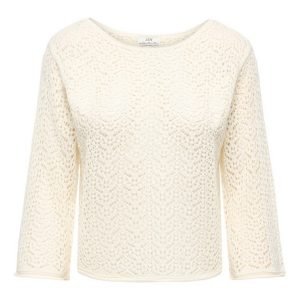 Cream crochet-knit sweater with long sleeves and a boat neckline on a white background