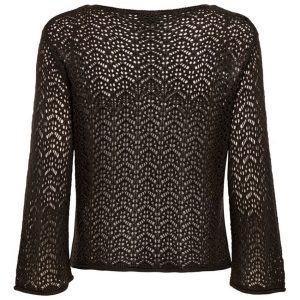 Back view of a black lace long-sleeve top with a sheer crochet pattern.