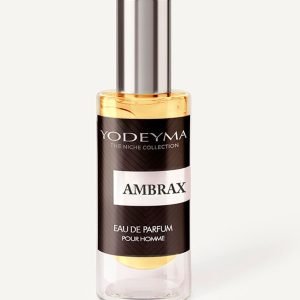 Perfume bottle from Yodeyma The Niche Collection, Ambrax, with amber liquid and a metallic cap