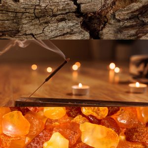 Collage of three scenes: cracked tree bark, a lit incense stick and small candles, and glowing orange salt crystals.