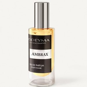 Perfume bottle with black label reading AMBRAX, eau de parfum for homme, by Odeyma the Niche Collection. Silver cap, amber liquid.