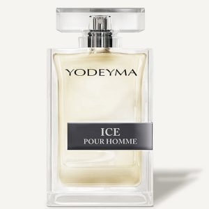 YODEYMA Ice Pour Homme perfume bottle in a clear rectangular glass bottle with a black label reading the scent name.
