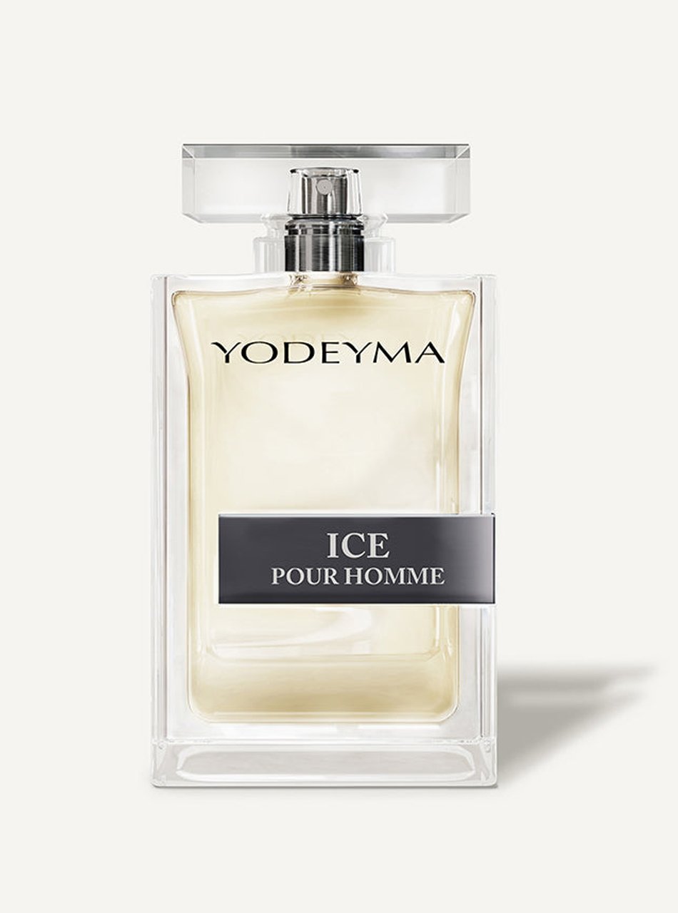 YODEYMA Ice Pour Homme perfume bottle in a clear rectangular glass bottle with a black label reading the scent name.