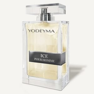 Crystal perfume bottle for Ice Pour Homme by YODEYMA, tall rectangular glass with pale yellow fragrance and a silver cap.