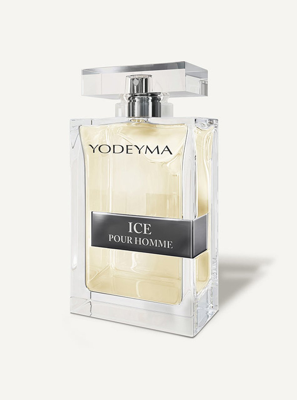 Crystal perfume bottle for Ice Pour Homme by YODEYMA, tall rectangular glass with pale yellow fragrance and a silver cap.