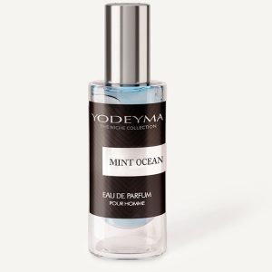 Mint Ocean perfume bottle by YODEYMA, The Niche Collection, with a silver cap and light blue liquid visible through the glass