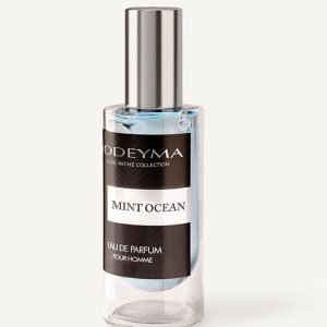 Perfume bottle labeled 'Mint Ocean' from Odeyma, clear glass with silver cap on a pale background