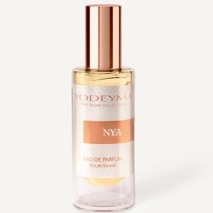 Perfume bottle from Yodeyma NYA The Niche Collection with a rose-gold cap and pale pink liquid.