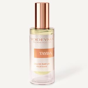 Perfume bottle from Yodeyma, Tayda, with a rose-gold cap and pale pink label.