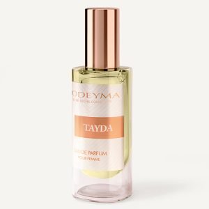 Perfume bottle with a rose-gold cap and pale pink label showing 'TAYDA' from Odeyma.