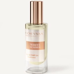 Clear perfume bottle with a rose-gold cap, label reads 'White Summer'—Eau de Parfum for Femme (Odeyma Niche Collection).